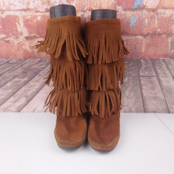 Minnetonka 1652 Layer Fringe Boots Brown Leather Size 6 - Picture 2 of 7